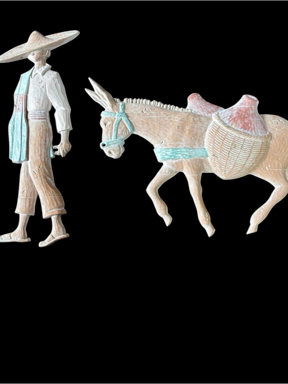 Source Unknown Pale Brown and Mint Green Donkey and Farmer Wall Sculpture